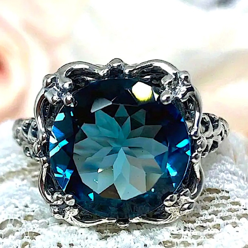 London Blue Topaz Ring 7ct Round Cut Natural Topaz Victorian Ornate Filigree - Picture 6 of 10